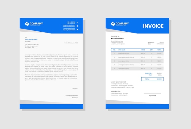 Blue modern company Letterhead and invoice template