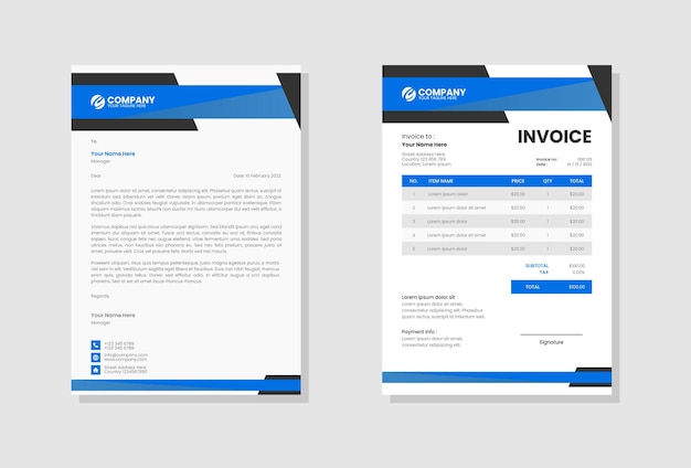 青い現代の会社のレターヘッドと請求書のテンプレート