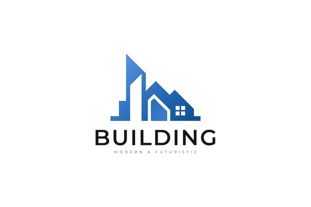 Design del logo dell'edificio moderno e futuristico blu per l'identità del settore immobiliare abstract house logo real estate logo design