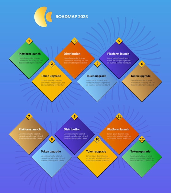 Blue modular geometric roadmap with twelve colorful rhombuses Timeline infographic template for business presentation Vector