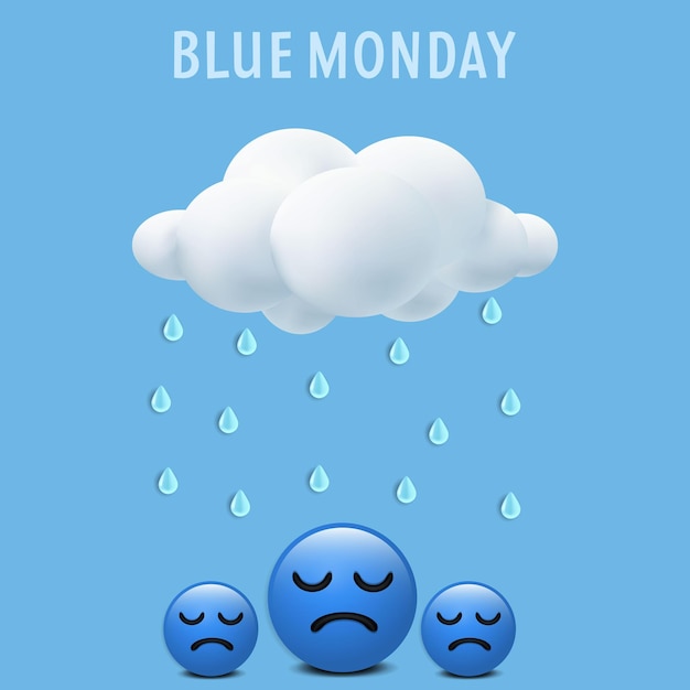 Blue monday-conceptontwerp met realistische wolken en trieste emoji