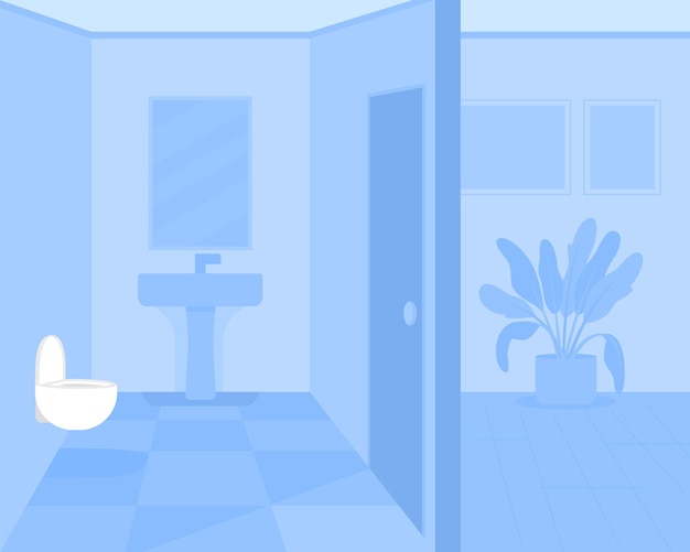 Vector blue monochrome bathroom flat color vector illustration. modern furniture in home restroom. apartnment comfrotable space. household 2d cartoon interior with modern furniture on background