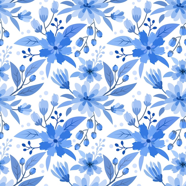 Vector blue monochrome flower design seamless pattern.