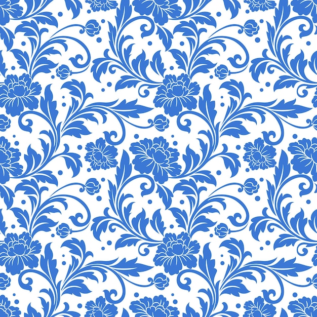 Blue monochrome flower ornament seamless pattern