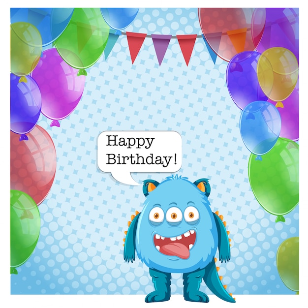 Vector blue monster on birthday card template