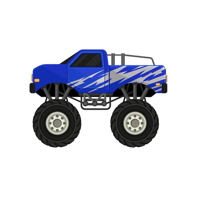 Vector blue monster pickup truck car with large tires black tinted windows and silver wrap decal flat vector icon