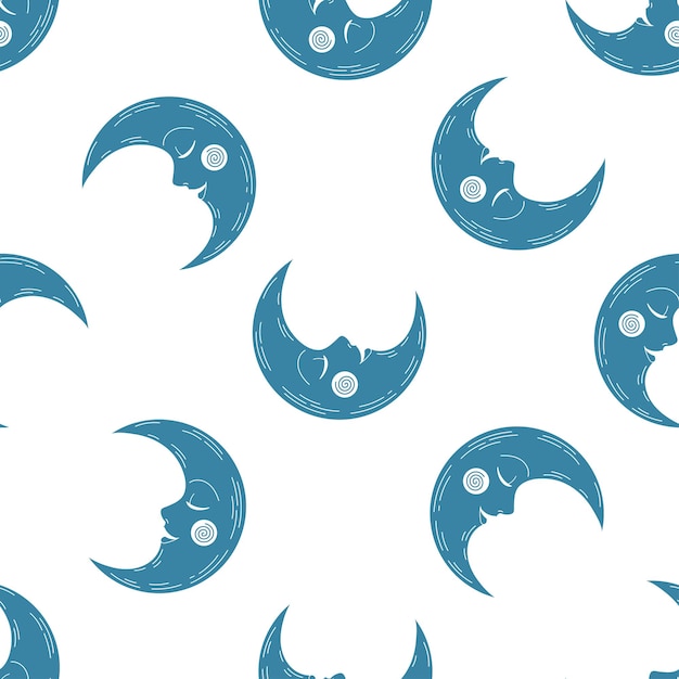 Blue moon seamless pattern with white background