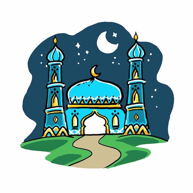 blue mosque cute cartoon hand drawn