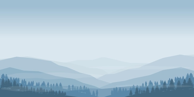 Vettore blu del paesaggio della montagna con l'estratto del fondo dell'albero e della nebbia. illustrazione vettoriale. blu piatto