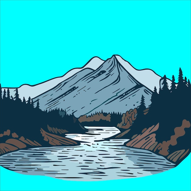 Vector a blue mountain landscape with a river and mountains in the background.