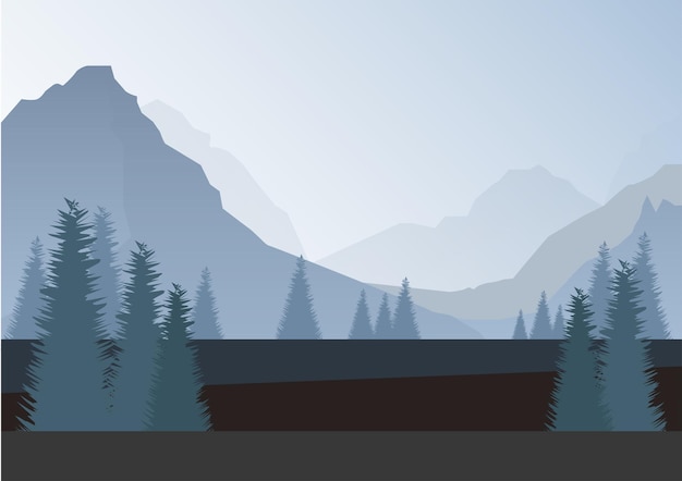 Vector blue mountains of different heights with fir trees in front