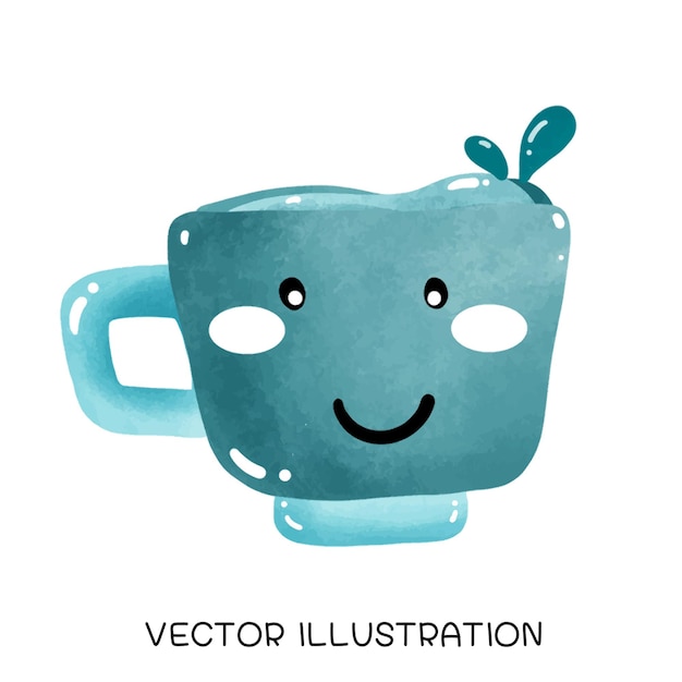 A blue mug with a smiling face and the word vector illustration on it.