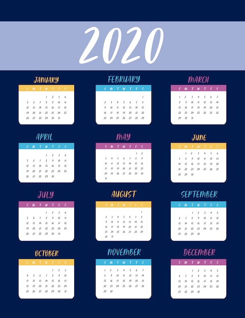 파란색과 여러 가지 빛깔의 2020 일정 플래너 벡터 디자인