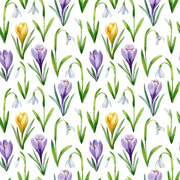 Blue muscari in clay pot seamless pattern isolated on white background Bird eggs and bulbs