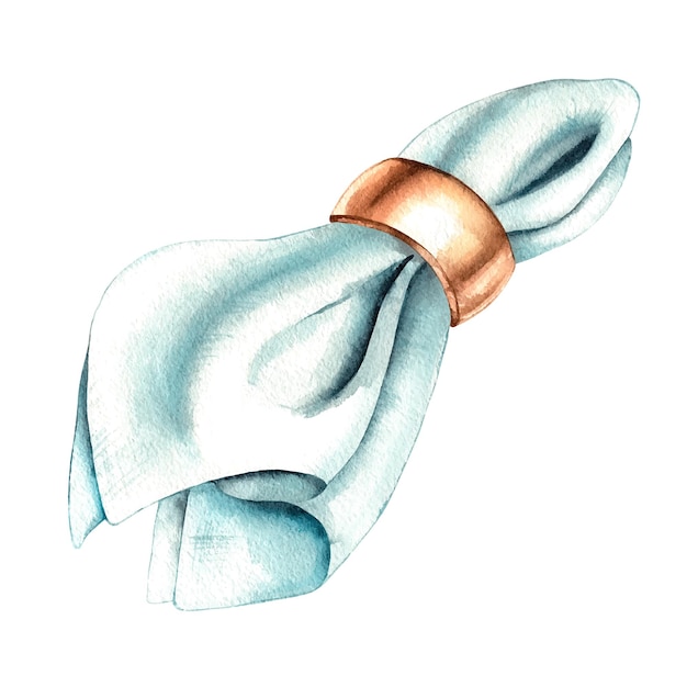 Blue napkin with copper ring isolated on white background