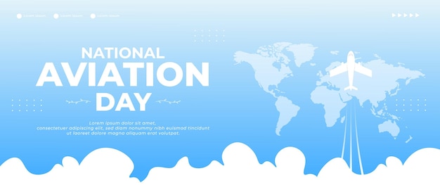 Blue national aviation day banner with airplanecloud and world map elements