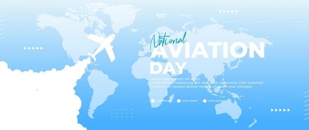 Blue national aviation day banner with airplanecloud and world map elements