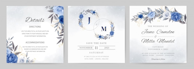 Vector blue navy wedding invitation template. circle rose flower watercolor with gold leaves.