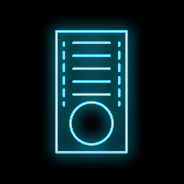 Vector blue neon computer case icon glowing against a black background