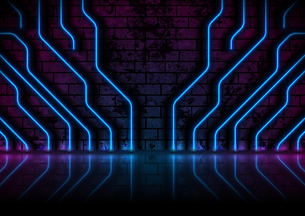 Blue neon laser circuit board lines with reflection on grunge brick wall. Abstract technology retro background. Futuristic glowing vector design