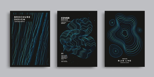 Blue neon lines Futuristic covers set with fluid patterns Abstract posters