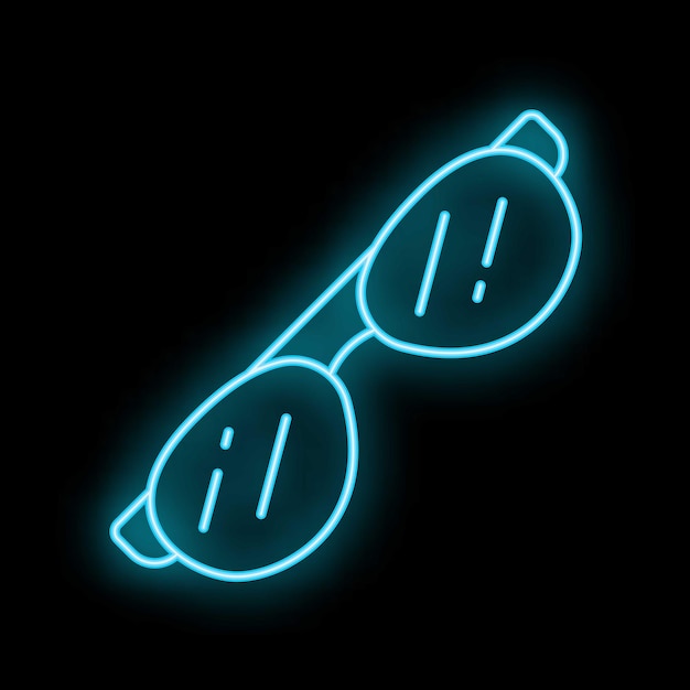blue neon sign depicting sunglasses on black background
