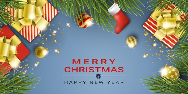 Blue new year realistic background with christmas elements.