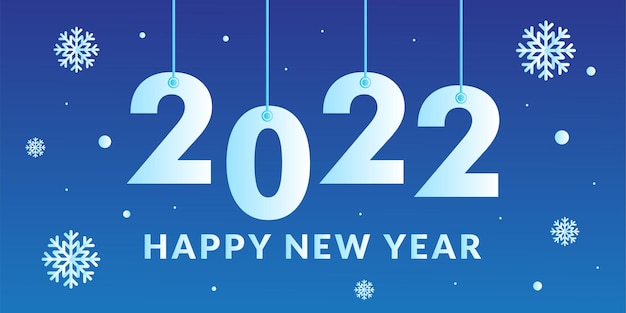 Concetto di notte blu del banner web di felice anno nuovo 2022 con ornamenti di fiocchi di neve