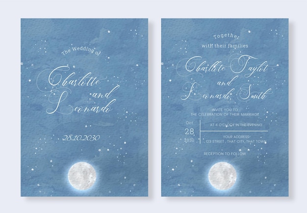 Blue Night Sky And Shiny Fullmoon Watercolor Wedding Invitation Template Perfect For Modern Couples