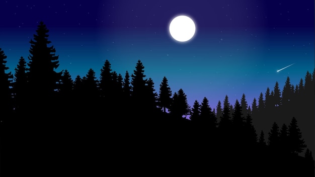blue night sky with dark pine forest silhouette
