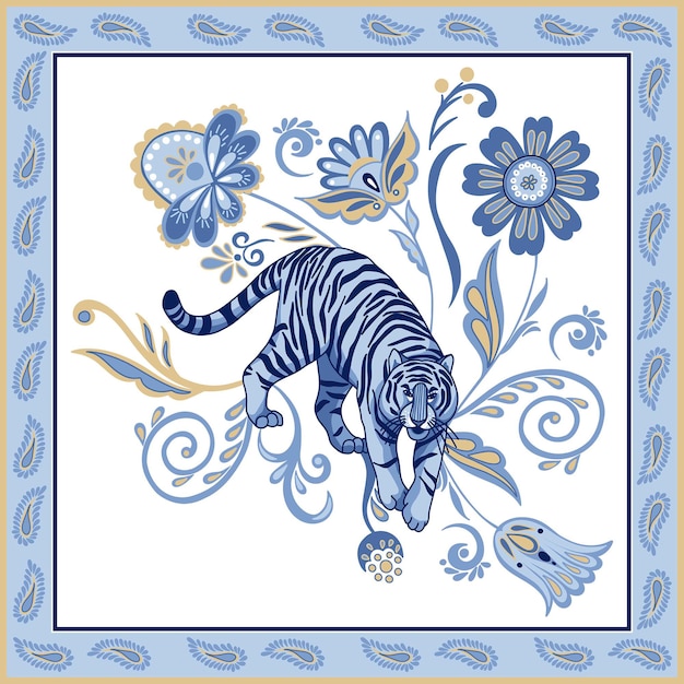 抽象的なアジアの花の要素と抽象的な東洋のペイズリーと装飾的なフレームの青い北欧の虎
