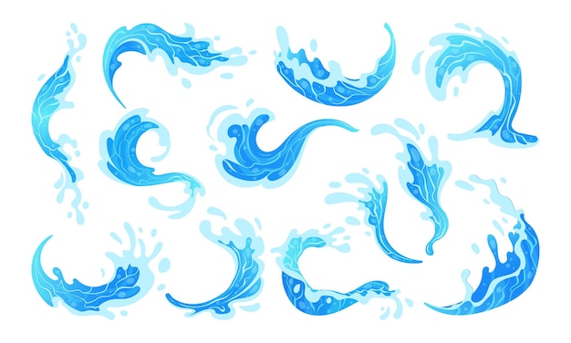 青い海のスプラッシュ 水のスプラッシング アクア波の滴と流れ 清潔な水のスプラス フラットベクトルイラストセット 透明な水の動き要素