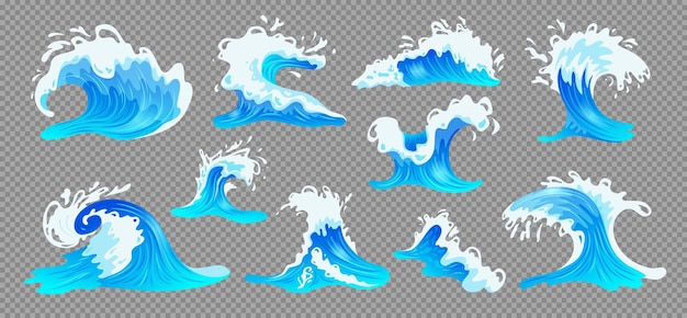 Vector blue ocean water waves with foam of different size and shape on transparent background isolated vector illustration