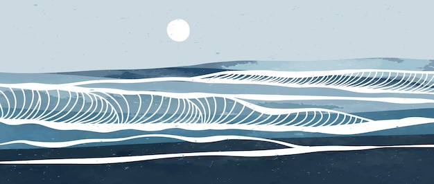 blue ocean wave landscape creative minimalist modern paint and line art print abstract contemporary aesthetic backgrounds landscapes with ocean sea skyline wave vector illustrations