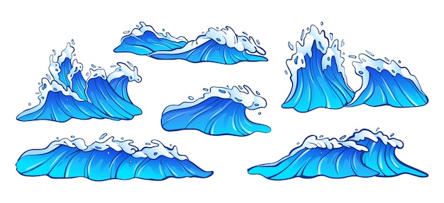 Blue ocean waves with white foam collection. Sea waves, surf and water splashes Illustration set