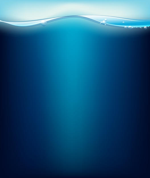 Vector blue ocean with waves and bubbles