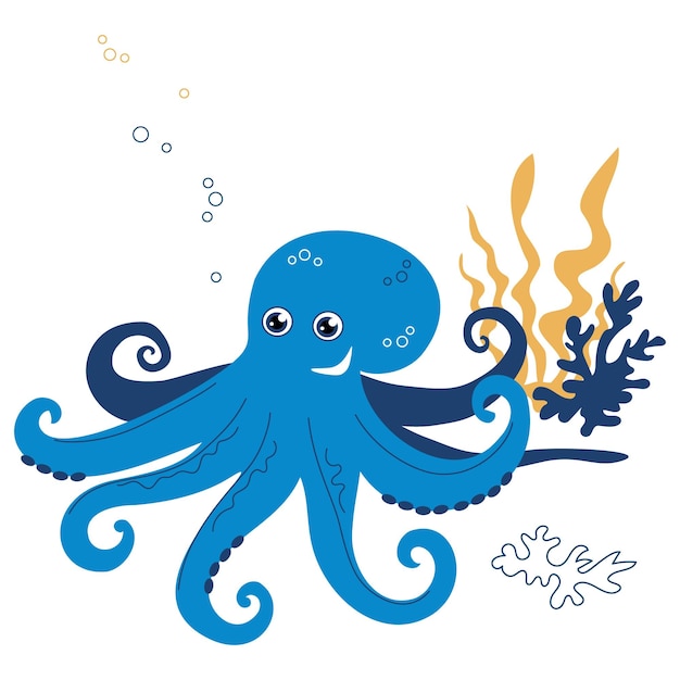 サンゴや藻類の海の動物と青いタコ手描きイラスト白い背景に分離