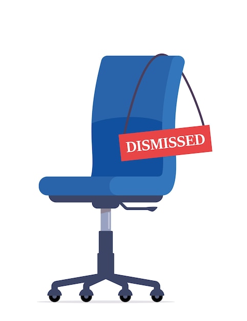 Blue office chair and sign Dismissed Fired from job Business hiring and recruiting