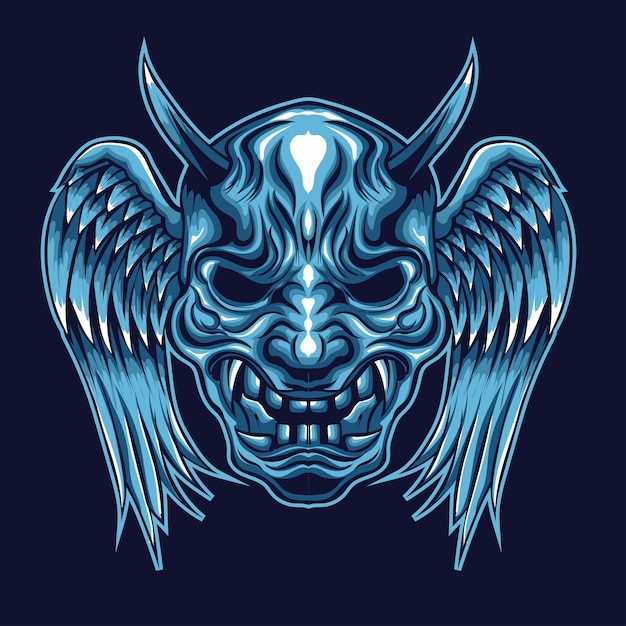 Vector blue oni mask with wings illustration