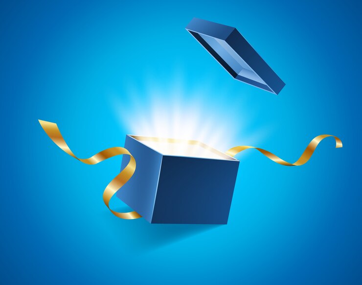 Vector blue opened 3d realistic gift box with magical shining glow and golden ribbons flying