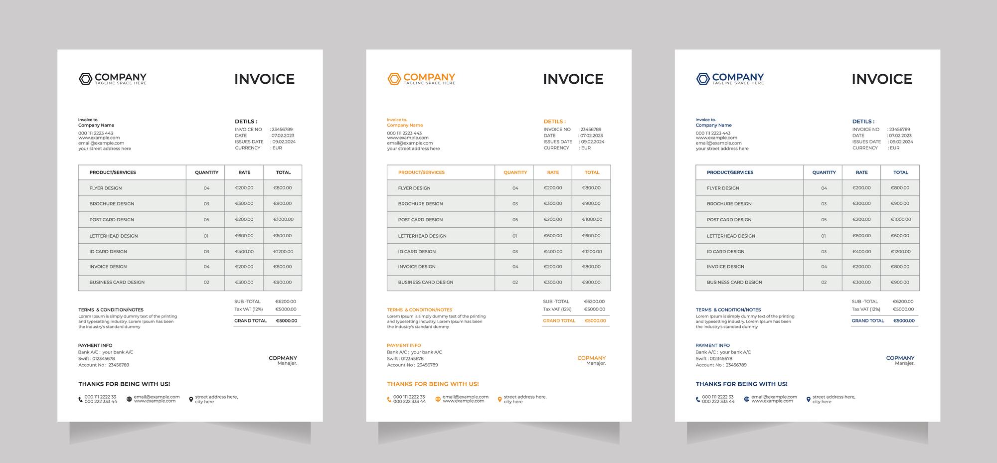 Vector blue orange and black colors professional minimal business invoice design print templates