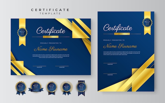 Blue and orange certificate of achievement border template with luxury badge and modern line pattern for award business and education needs