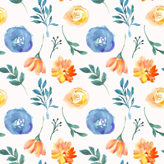 Blue and orange floral watercolor seamless pattern