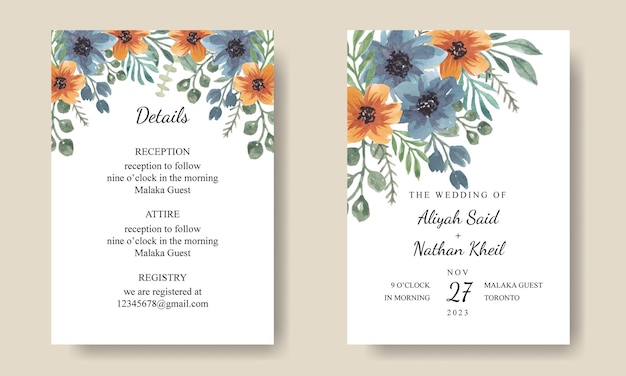 Blue Orange Floral Wedding Invitation Card