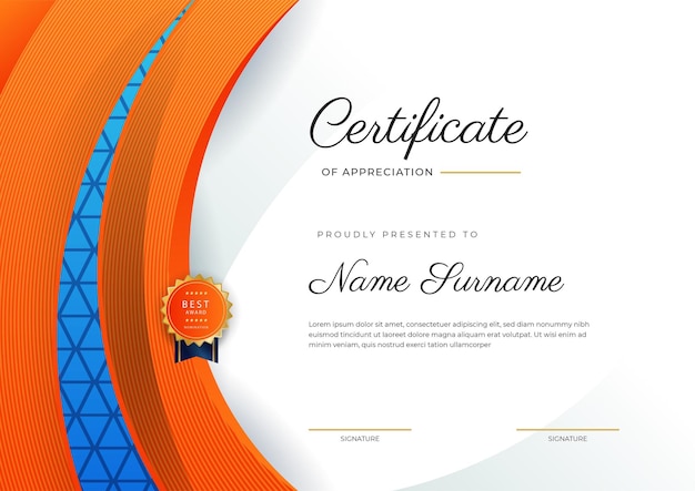 Blue orange and gold certificate of achievement border template with luxury badge and modern line pattern for award business and education needs