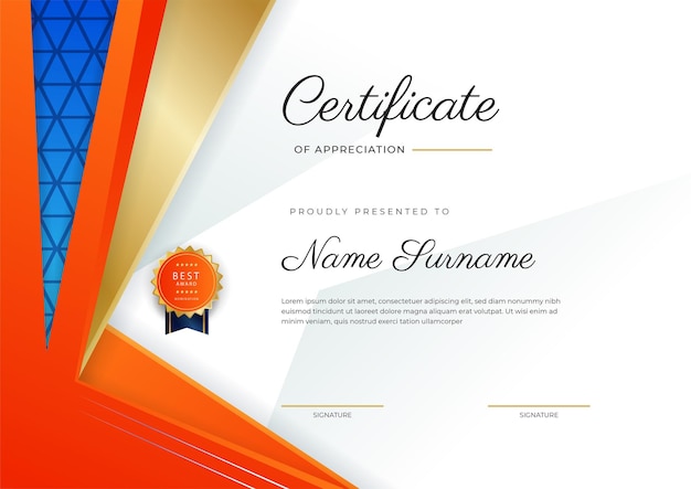 Blue orange and gold certificate of achievement border template with luxury badge and modern line pattern For award business and education needs