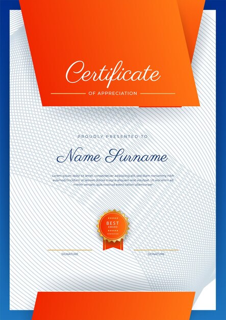 Blue orange and gold certificate of achievement border template with luxury badge and modern line pattern For award business and education needs