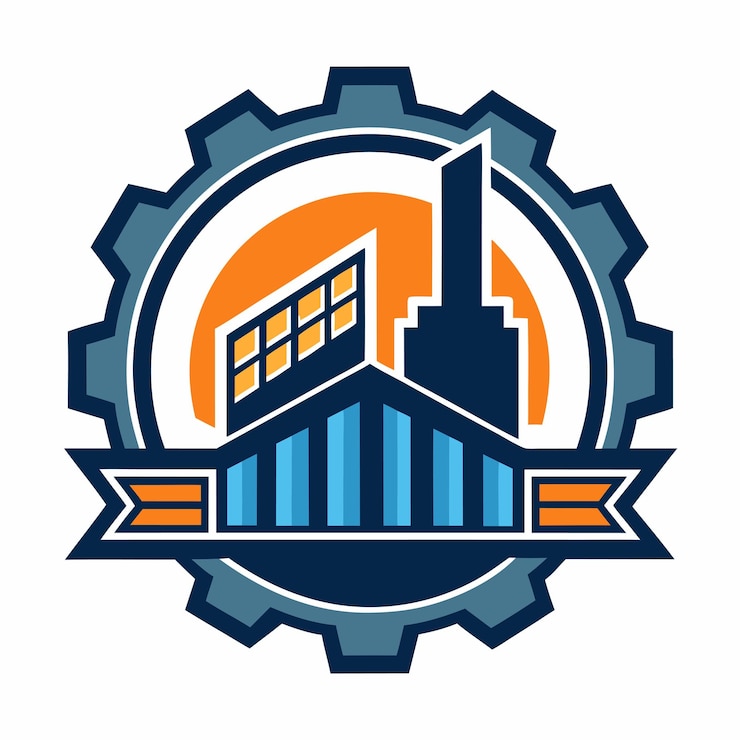 वेक्टर a blue and orange logo with a city in the background