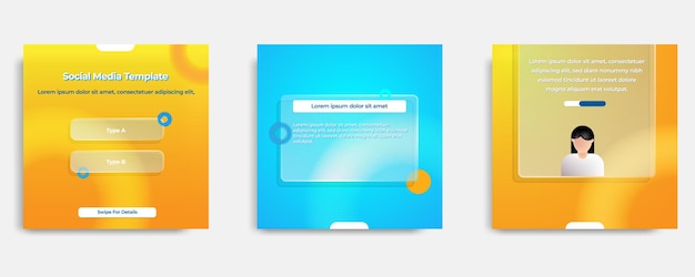 glassmorphism 스타일의 유리 프레임 텍스트 상자에 파란색 주황색 소셜 미디어 템플릿 레이아웃 디자인