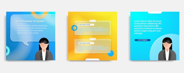 Blue orange social media template layout design in glassmorphism style glass frame text box